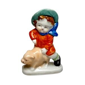 Vintage Japan Boy Riding Pig Figurine Ceramic‎ Trinket Statue